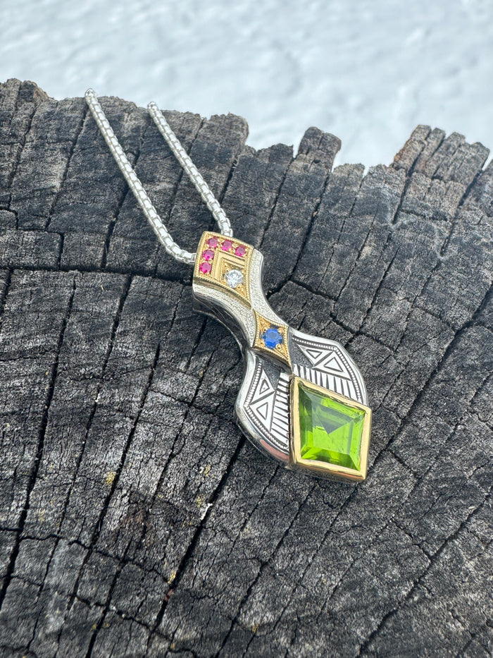 Peridot, sapphire, ruby, diamond pendant