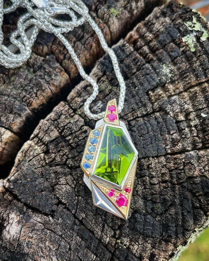 Transmission 10 aka BLOOM- peridot, ruby, sapphire pendant