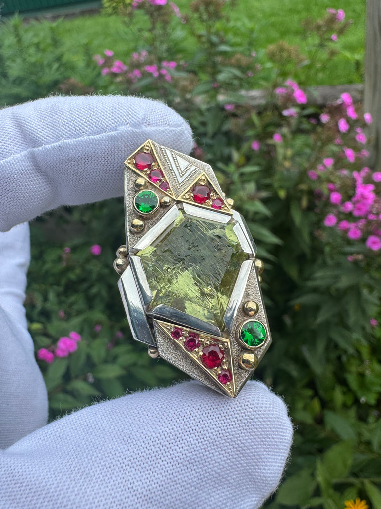 SOL Flame -Etched Heliodor, tsavorite garnet, ruby