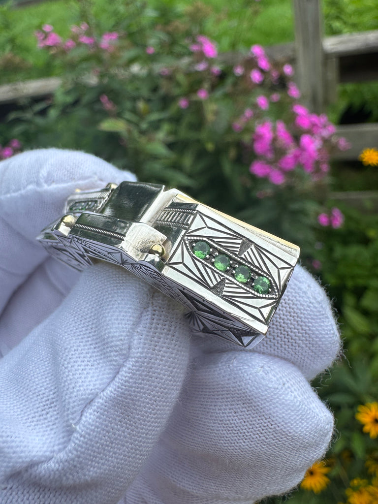 SOL Flame -Etched Heliodor, tsavorite garnet, ruby