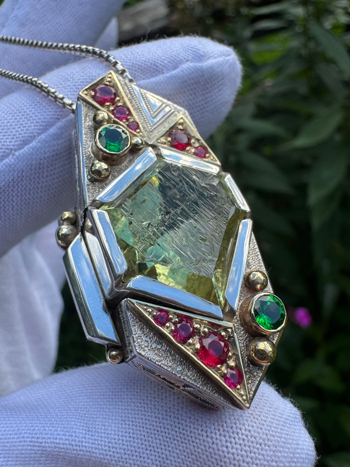 SOL Flame -Etched Heliodor, tsavorite garnet, ruby