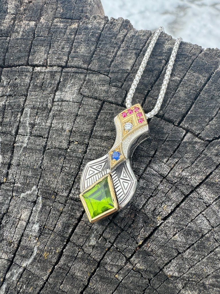 Peridot, sapphire, ruby, diamond pendant