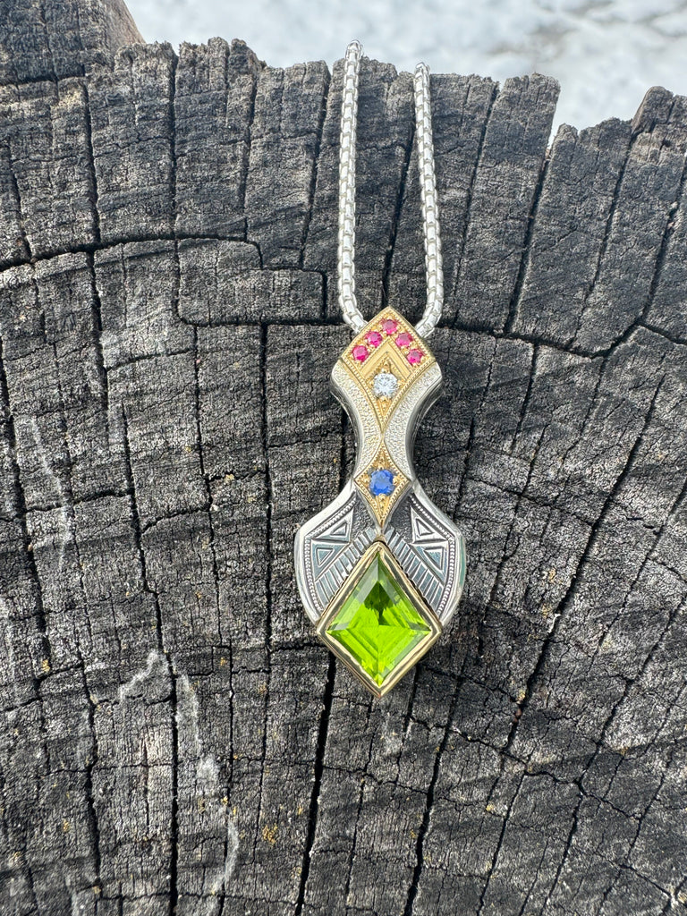 Peridot, sapphire, ruby, diamond pendant