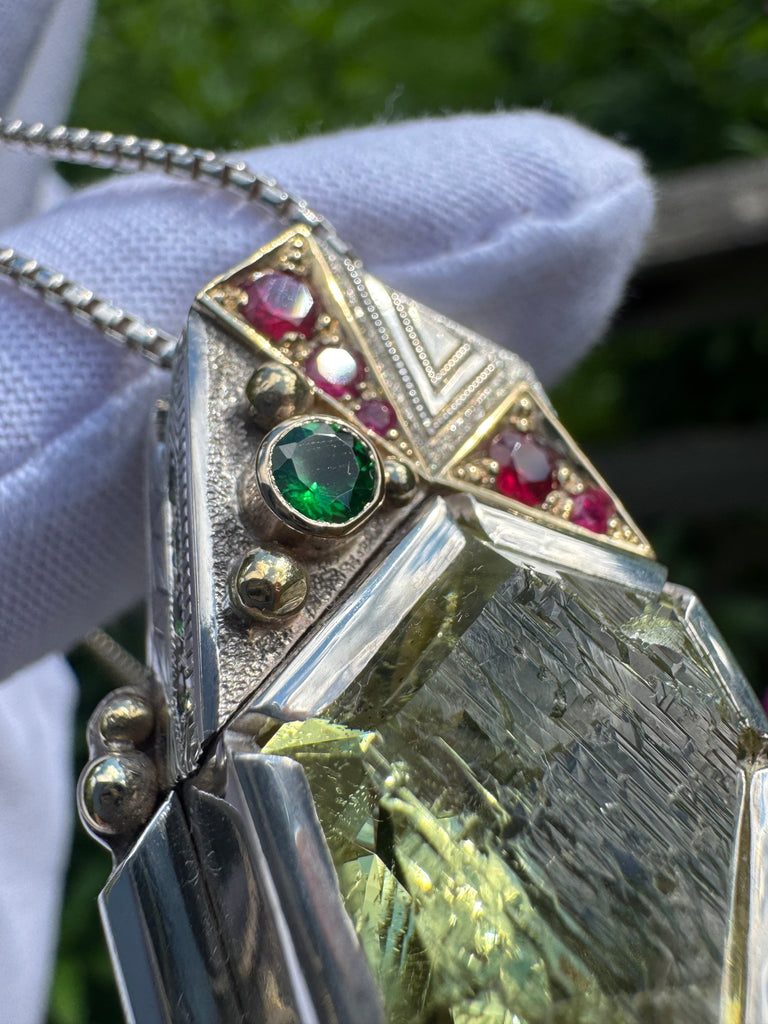 SOL Flame -Etched Heliodor, tsavorite garnet, ruby
