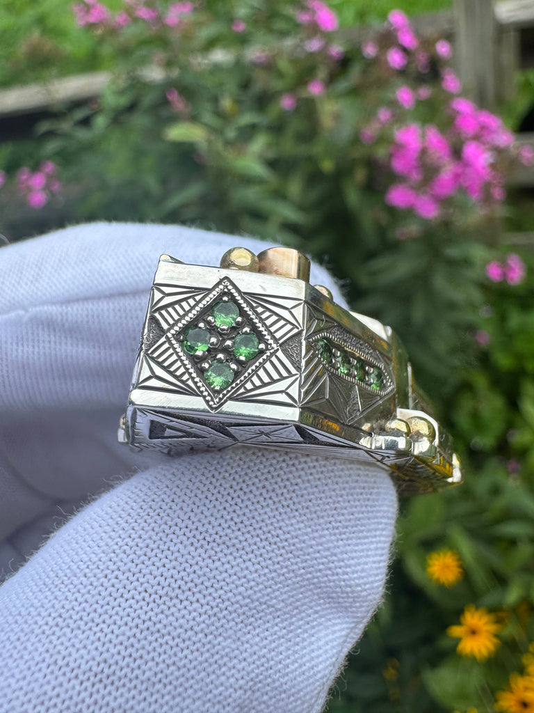 SOL Flame -Etched Heliodor, tsavorite garnet, ruby