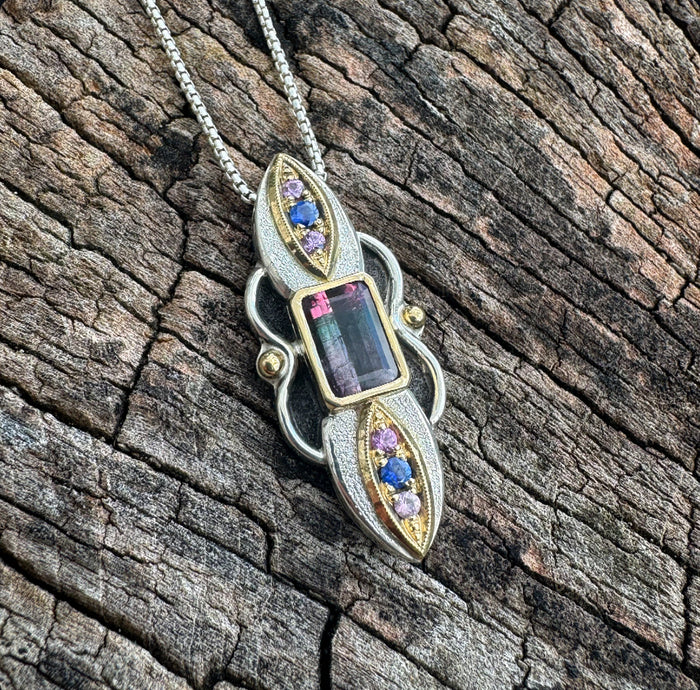 Tri color tourmaline pendant with sapphires
