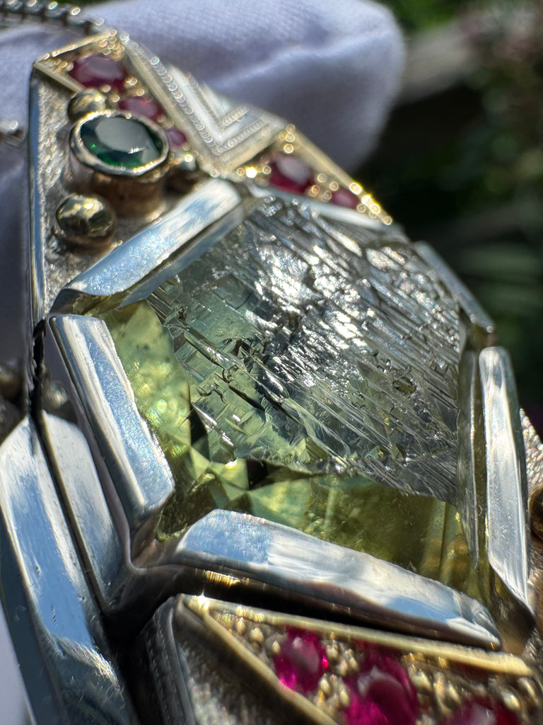 SOL Flame -Etched Heliodor, tsavorite garnet, ruby
