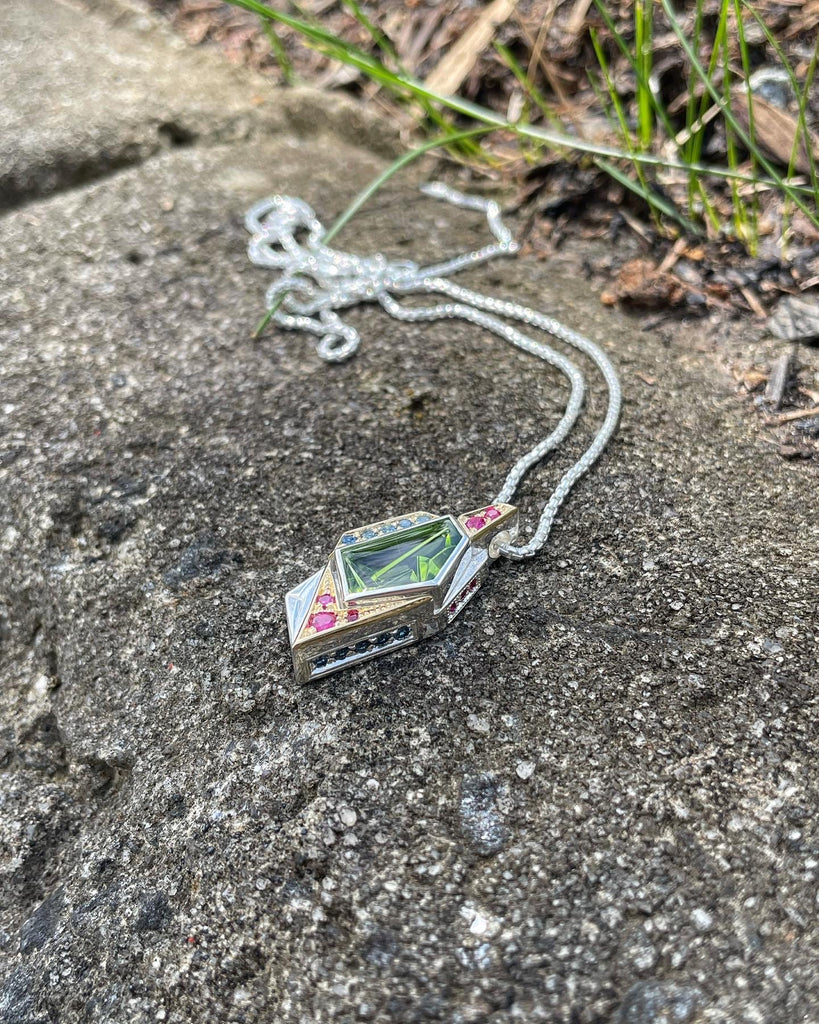 Transmission 10 aka BLOOM- peridot, ruby, sapphire pendant