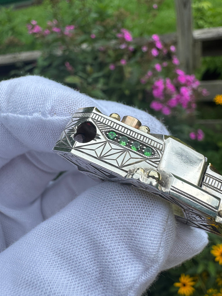 SOL Flame -Etched Heliodor, tsavorite garnet, ruby