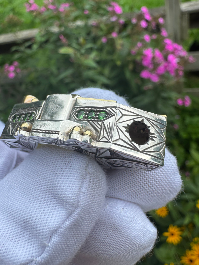 SOL Flame -Etched Heliodor, tsavorite garnet, ruby