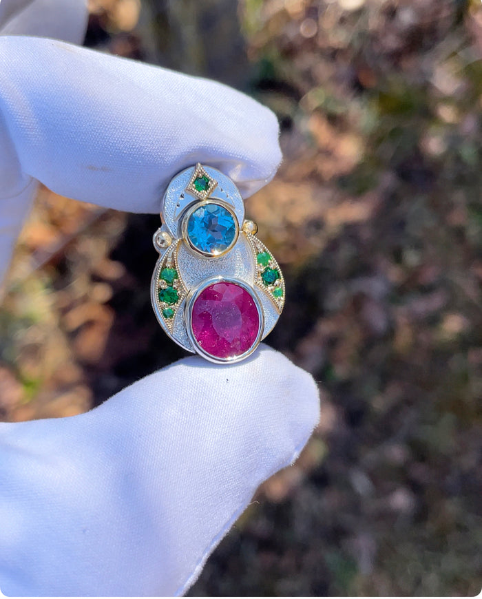 Pink tourmaline, blue topaz, green garnet pendant // liquidation