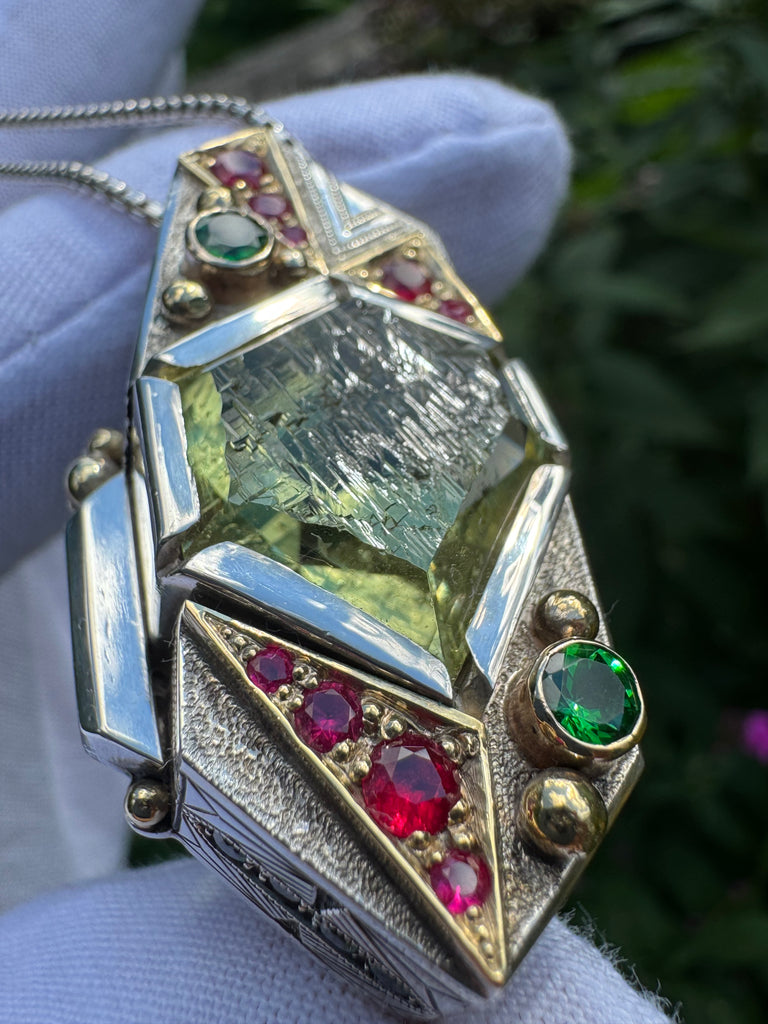 SOL Flame -Etched Heliodor, tsavorite garnet, ruby