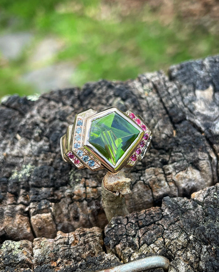 14k rose gold // peridot // ruby// teal sapphire ring