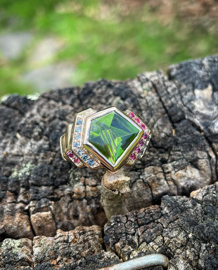 14k rose gold // peridot // ruby// teal sapphire ring