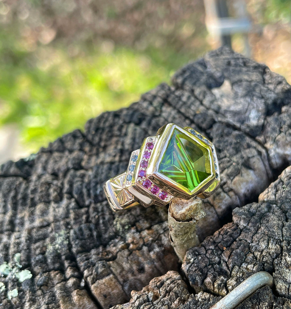 14k rose gold // peridot // ruby// teal sapphire ring