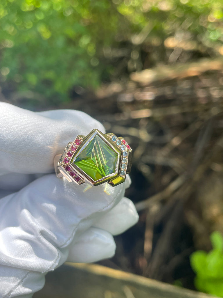 14k rose gold // peridot // ruby// teal sapphire ring