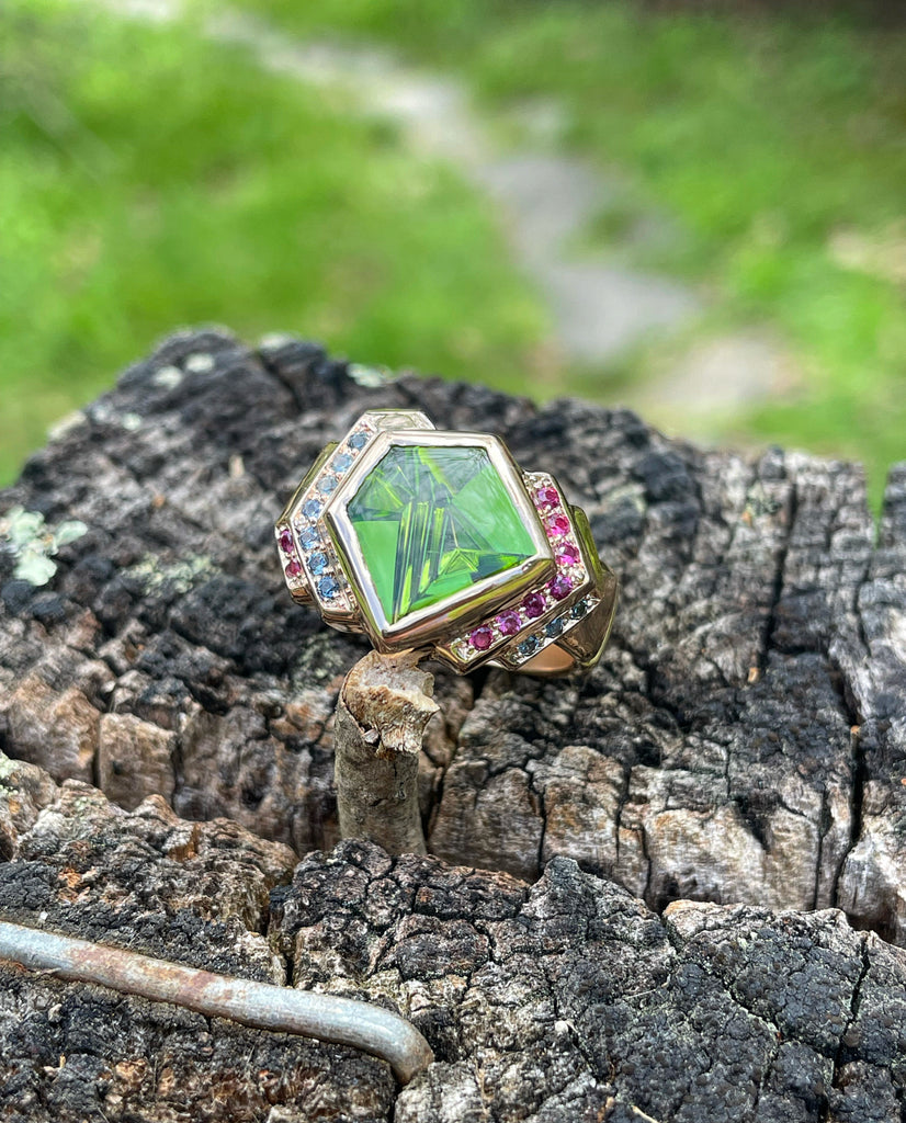 14k rose gold // peridot // ruby// teal sapphire ring