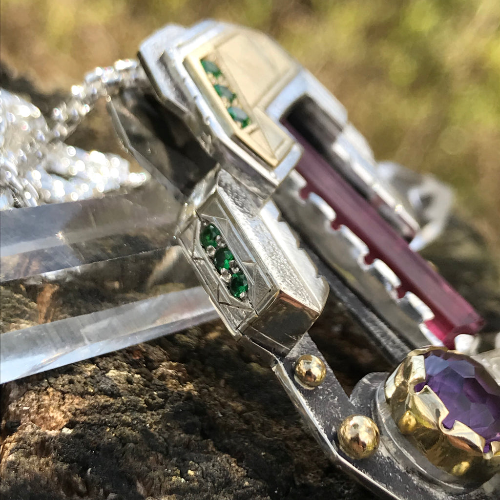 Tourmaline, amethyst, tsavorite garnet negative space pendant