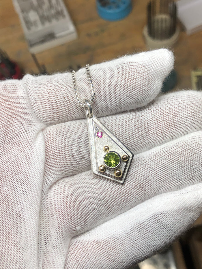 Peridot, ruby, diamond geometric dog tag