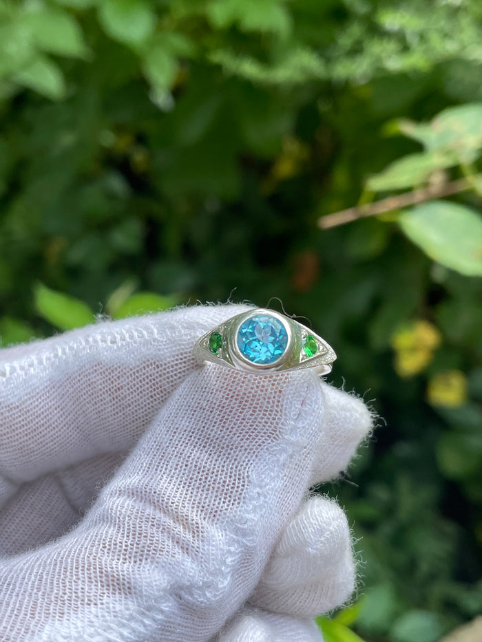 3rd Eye Ring - blue topaz & Tsavorite garnet