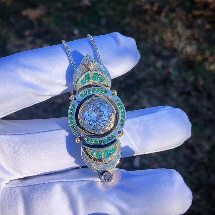 IXCHEL- Phenakite, tsavorite garnet, and paraiba tourmaline talisman