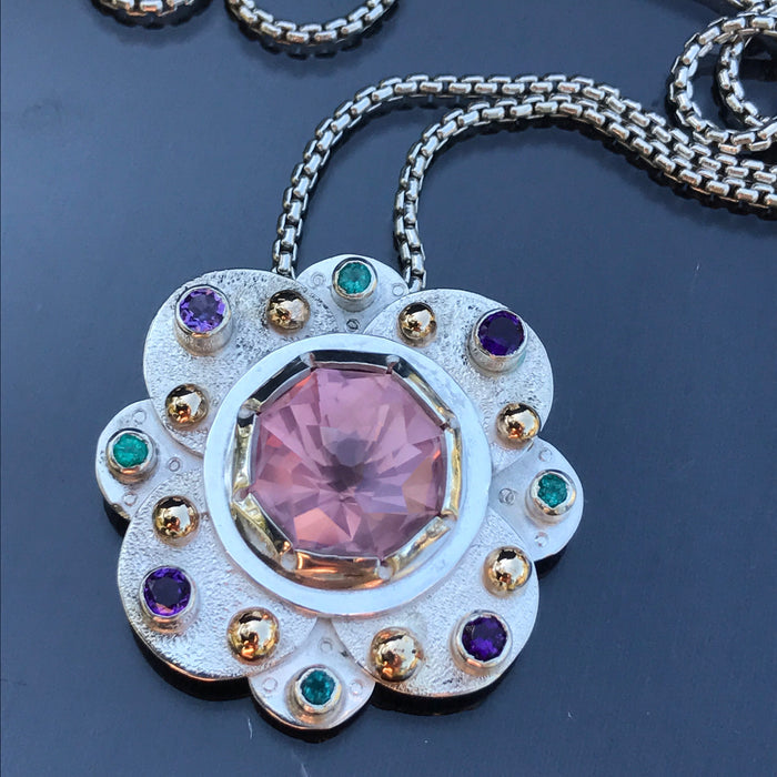 A Rose Quartz Mandala with Paraiba Tourmaline and amethyst
