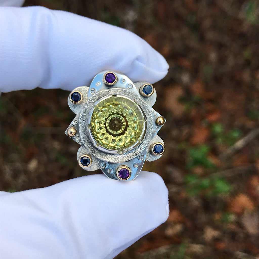 Fantasy cut citrine Mandala with amethyst and sapphires