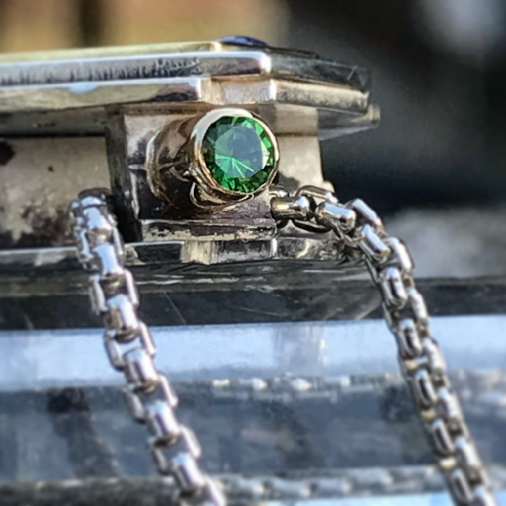 The Warrior- Chrome Tourmaline, red spinel, sapphire, and tsavorite garnet pendant