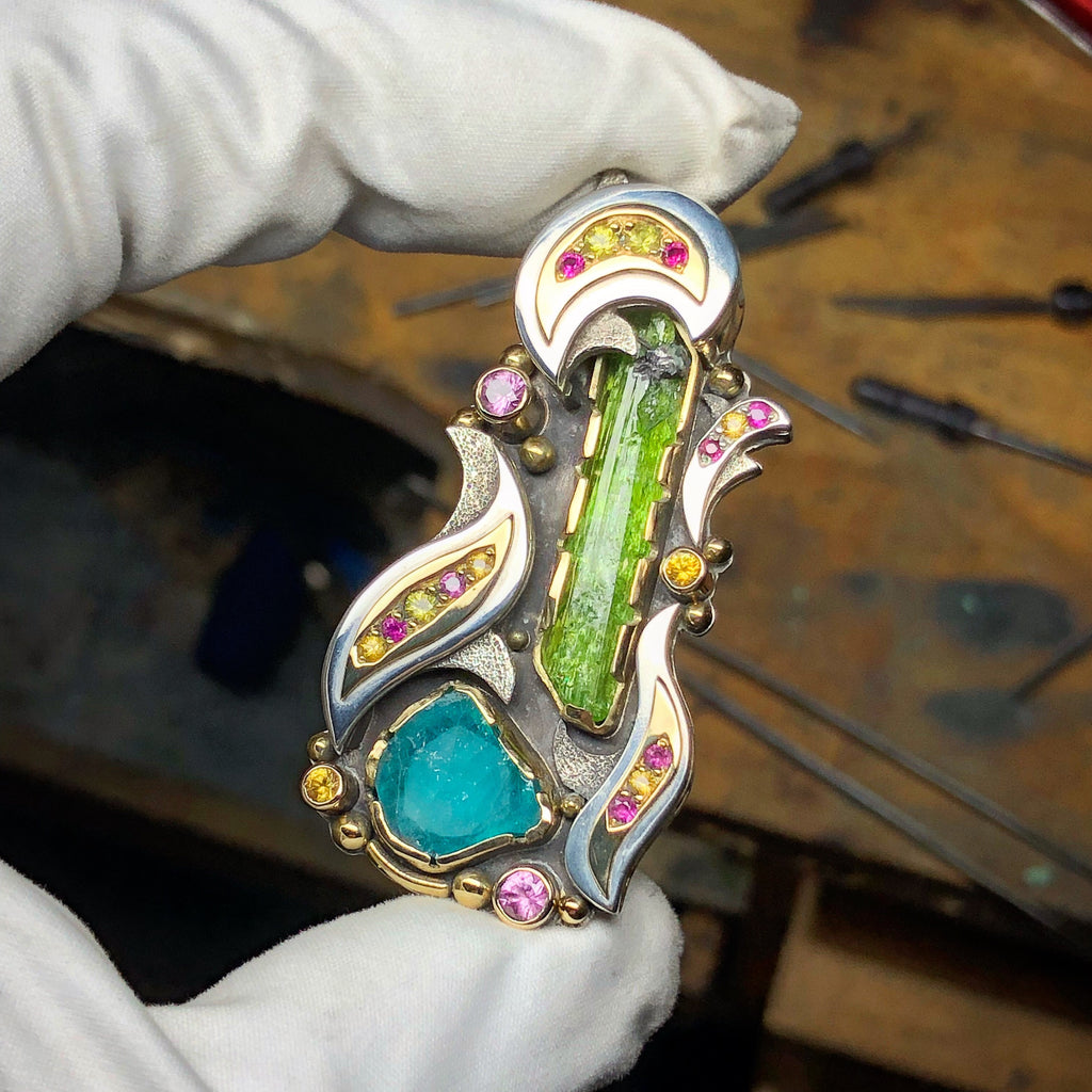 1 “Candy Paint Cadillac” Paraiba tourmaline, diopside, sapphires