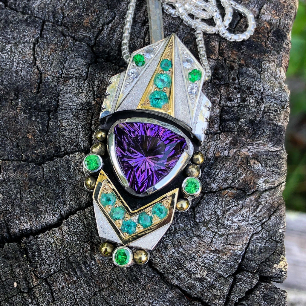 "Universal Connection" Amethyst, paraiba tourmaline, tsavorite garnet, and phenakite talisman