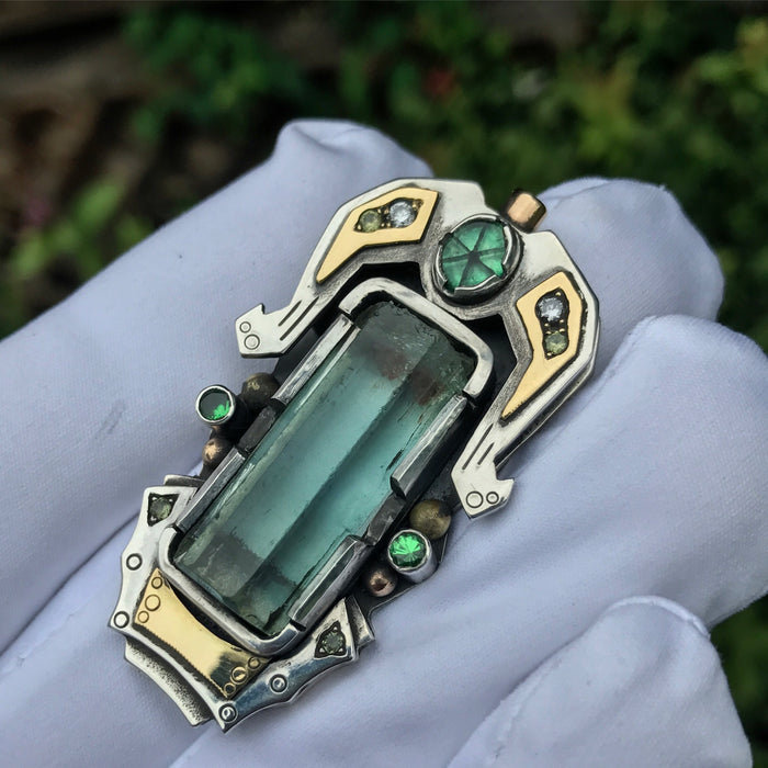 Nigerian Aquamarine, Diamond, Yellow sapphire, and Trapiche Emerald pendant