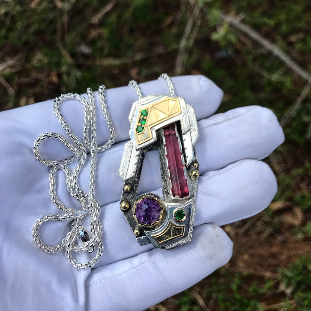 Tourmaline, amethyst, tsavorite garnet negative space pendant