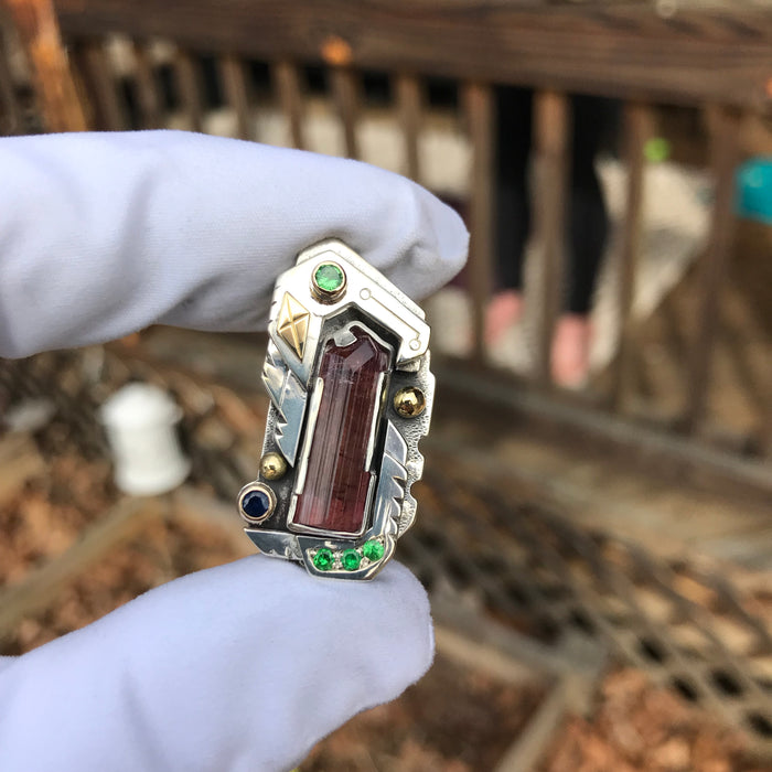 Red Tourmaline, tsavorite garnet, sapphire pendant