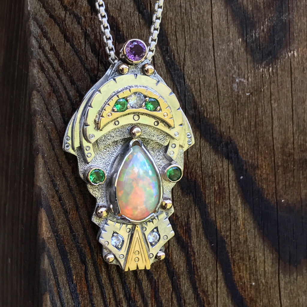 Ethiopian Opal, tsavorite garnet, phenakite, and amethyst pendant