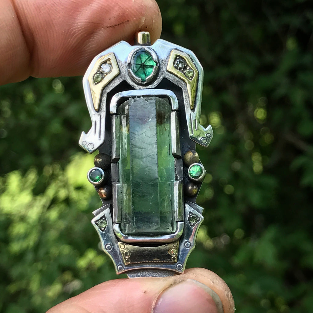 Nigerian Aquamarine, Diamond, Yellow sapphire, and Trapiche Emerald pendant