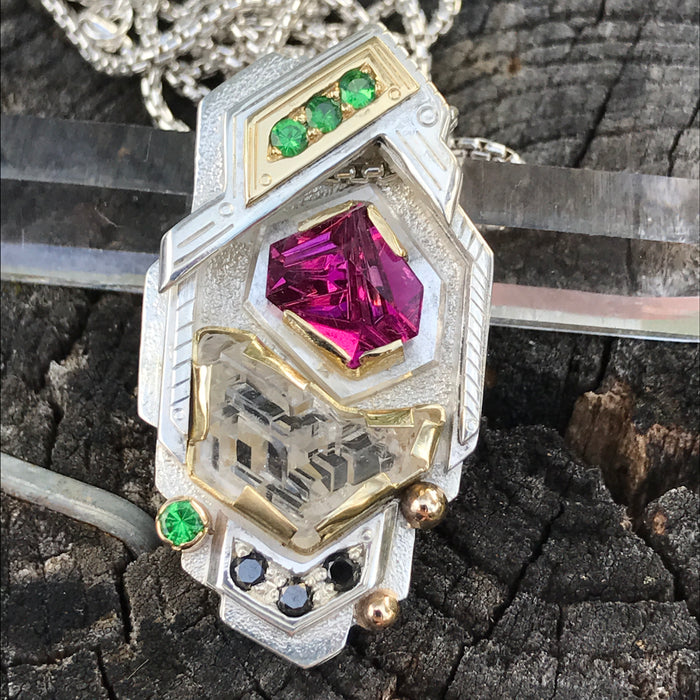 Munsteiner Tourmaline / etched phenakite / tsavorite garnet / black diamond pendant