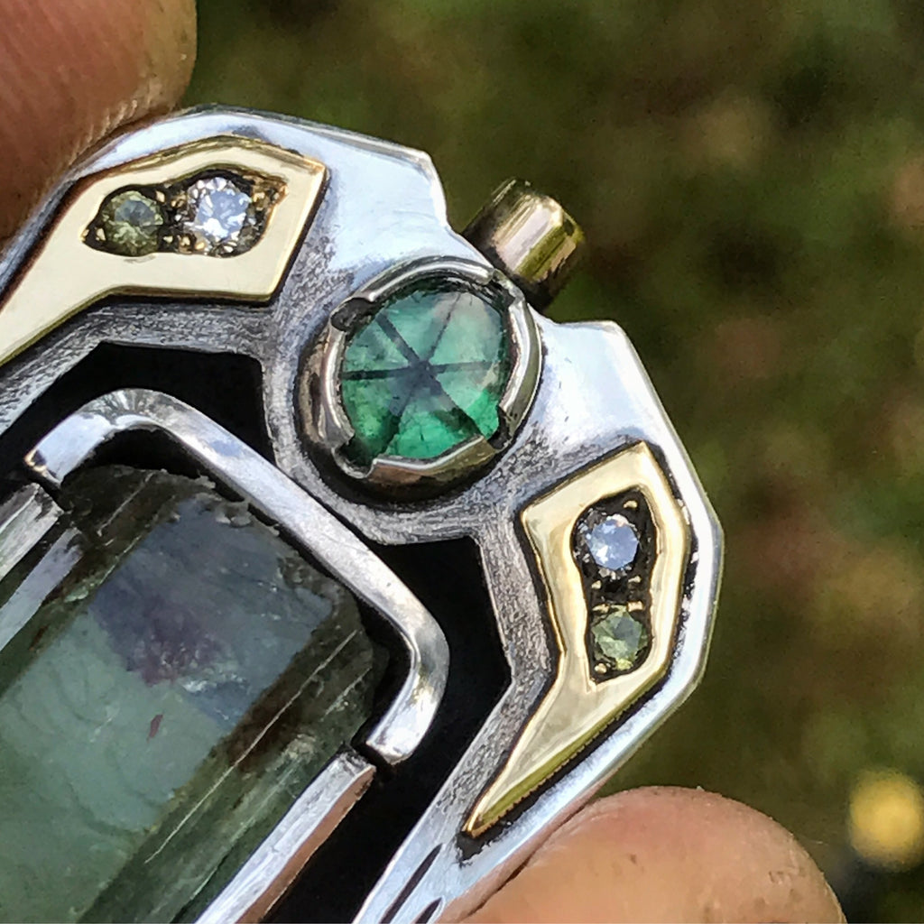 Nigerian Aquamarine, Diamond, Yellow sapphire, and Trapiche Emerald pendant