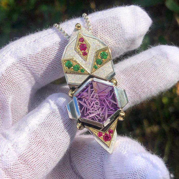 Amethyst, tsavorite garnet, and ruby pendant