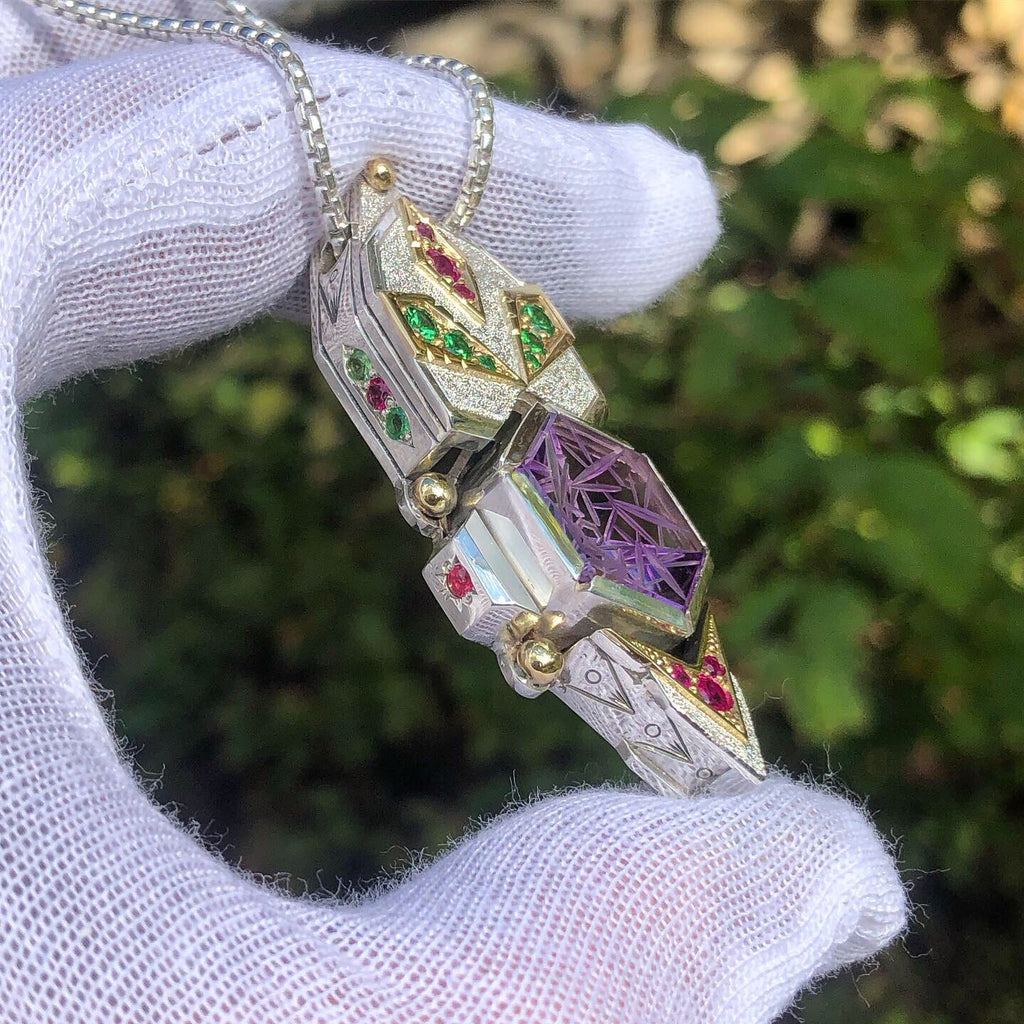 Amethyst, tsavorite garnet, and ruby pendant