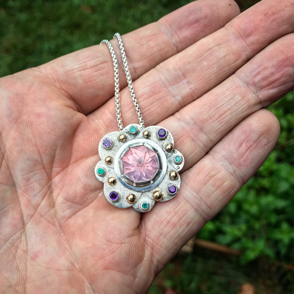 A Rose Quartz Mandala with Paraiba Tourmaline and amethyst