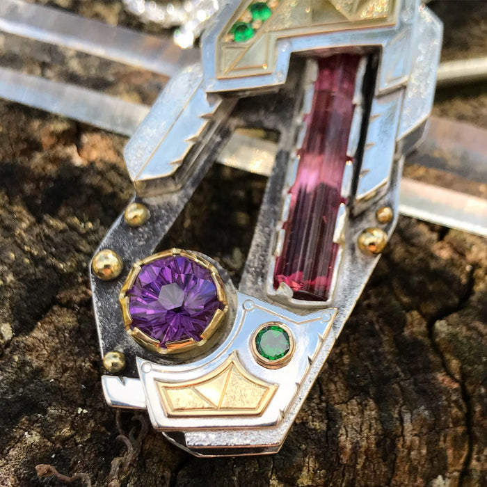 Tourmaline, amethyst, tsavorite garnet negative space pendant