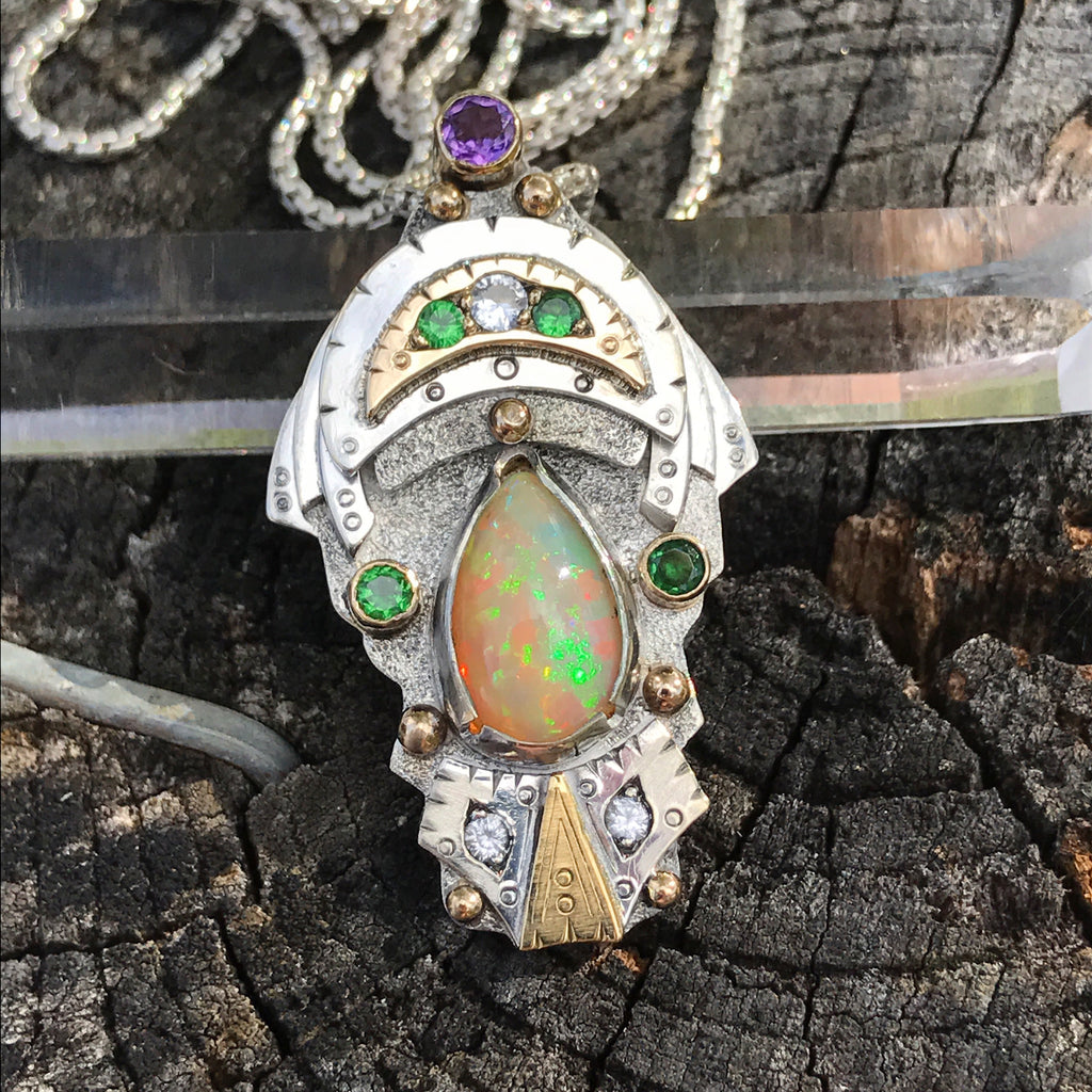 Ethiopian Opal, tsavorite garnet, phenakite, and amethyst pendant