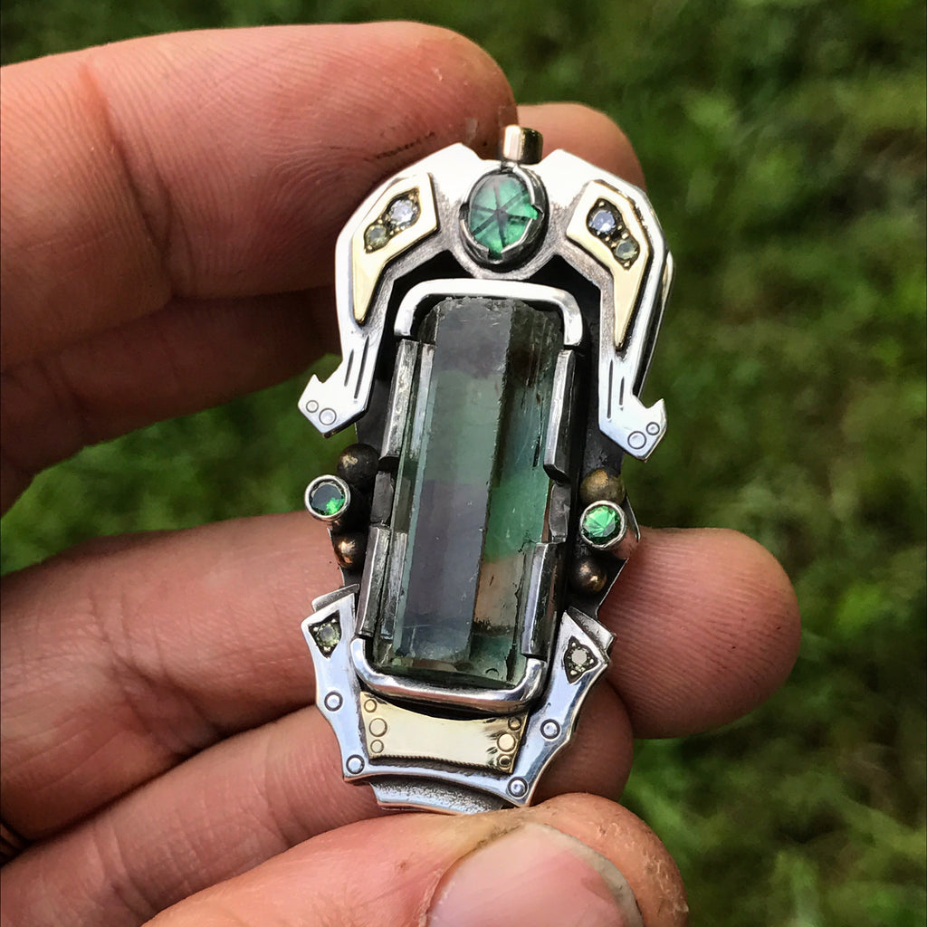 Nigerian Aquamarine, Diamond, Yellow sapphire, and Trapiche Emerald pendant
