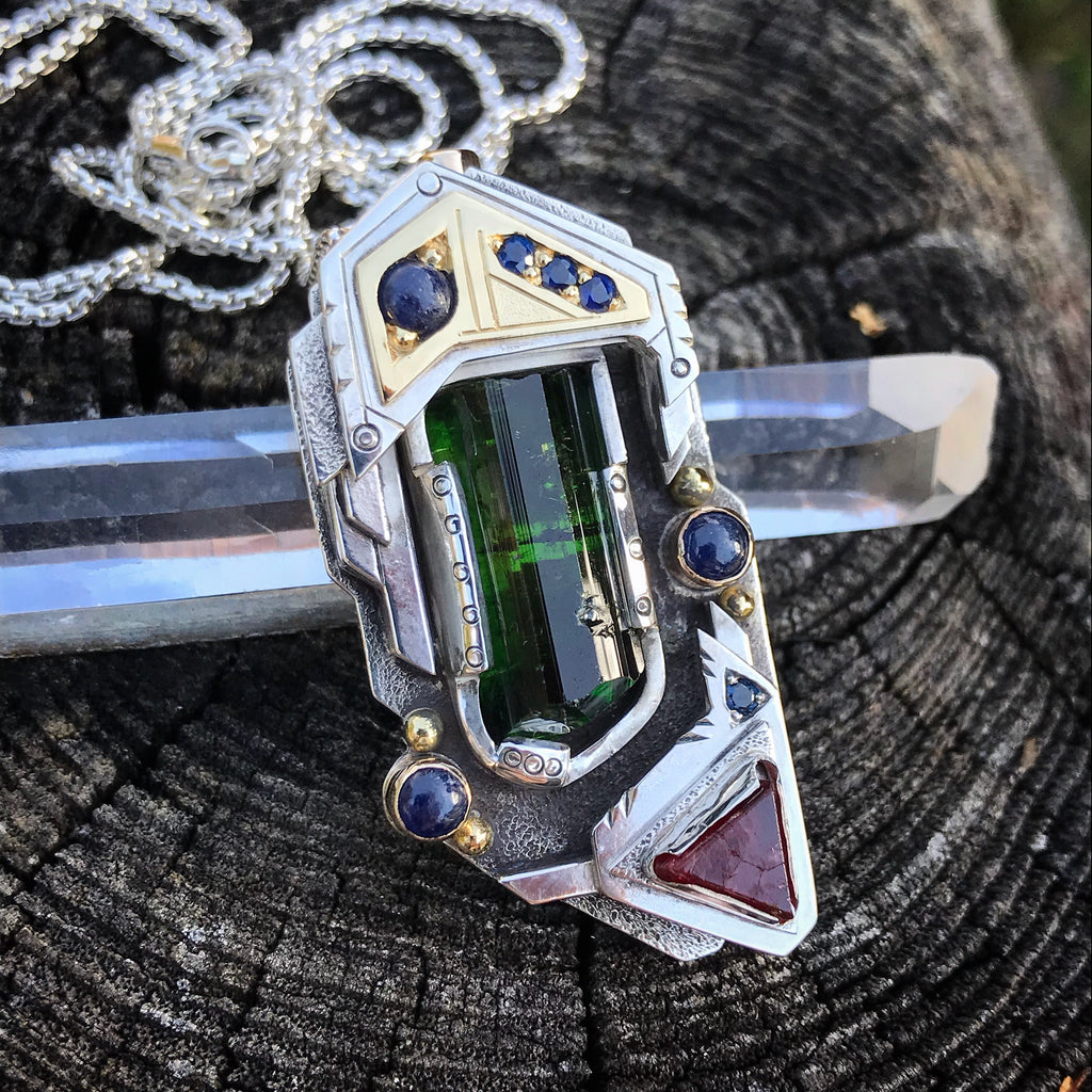 The Warrior- Chrome Tourmaline, red spinel, sapphire, and tsavorite garnet pendant