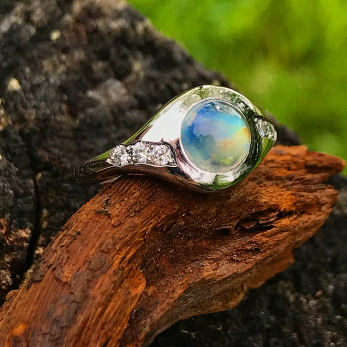 Moonstone and diamond platinum engagement ring
