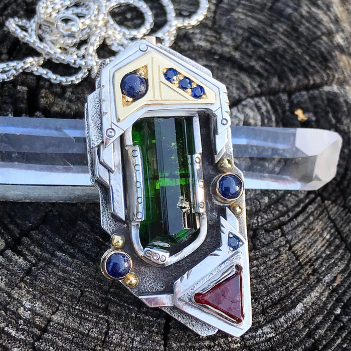 The Warrior- Chrome Tourmaline, red spinel, sapphire, and tsavorite garnet pendant