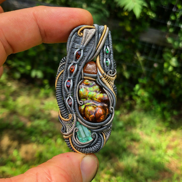 Fire agate, emerald, garnet, citrine talisman