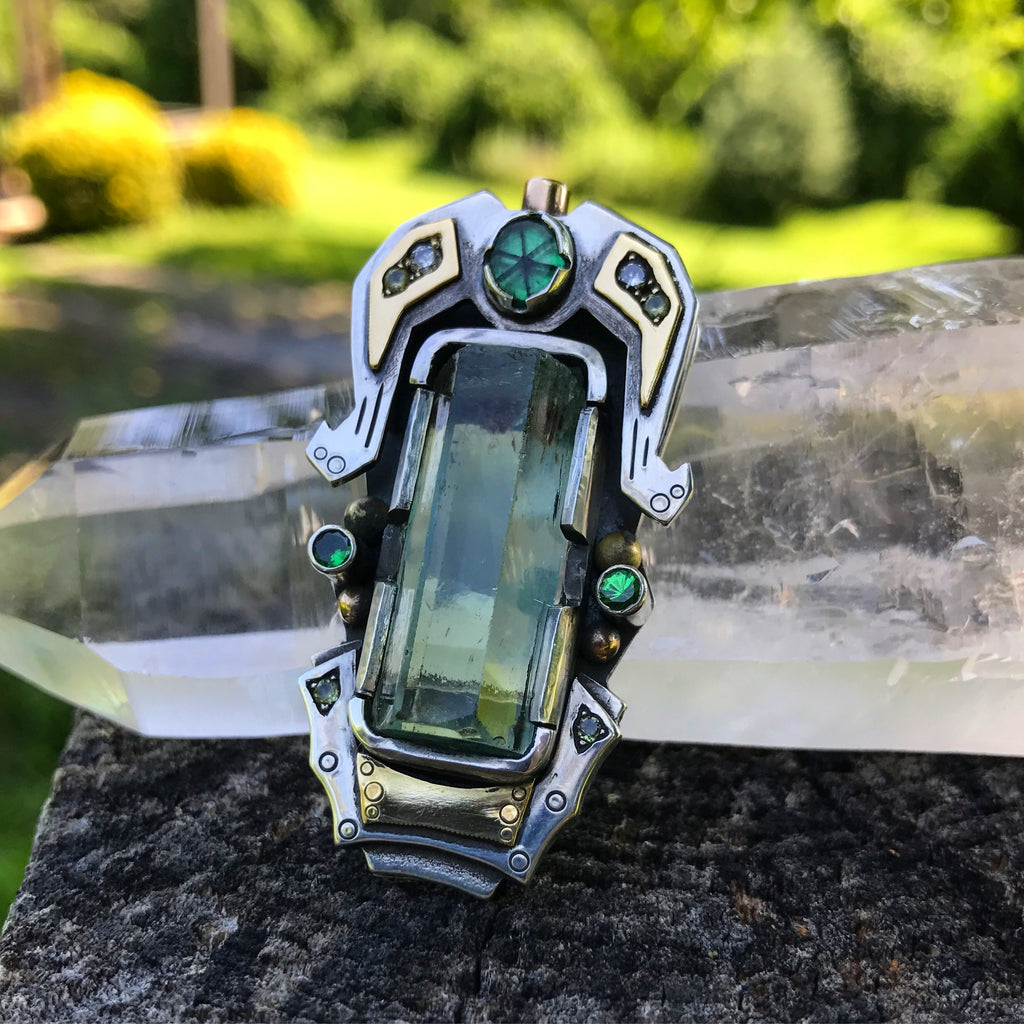 Nigerian Aquamarine, Diamond, Yellow sapphire, and Trapiche Emerald pendant