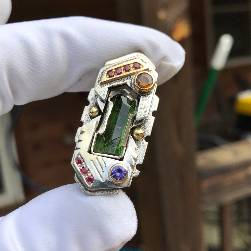 Chrome Tourmaline, ruby, orange sapphire and tanzanite pendant