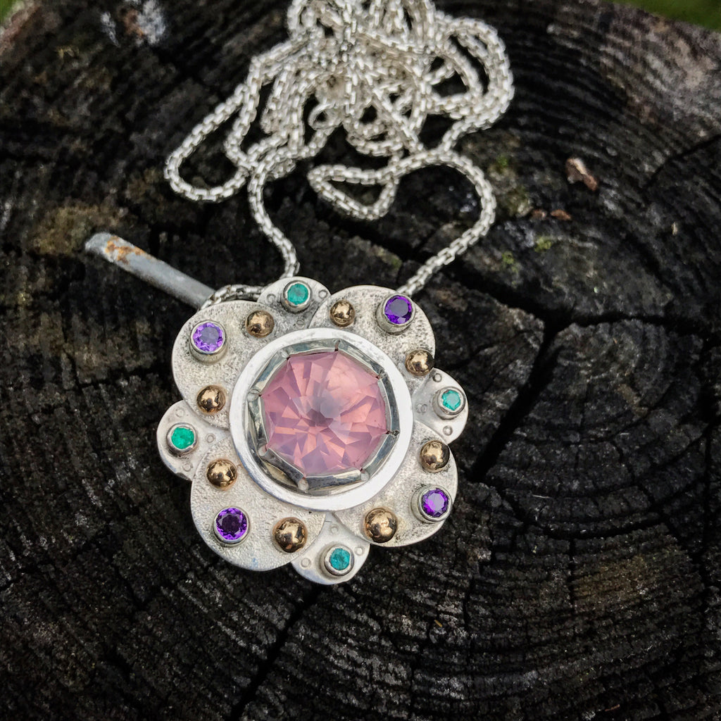 A Rose Quartz Mandala with Paraiba Tourmaline and amethyst